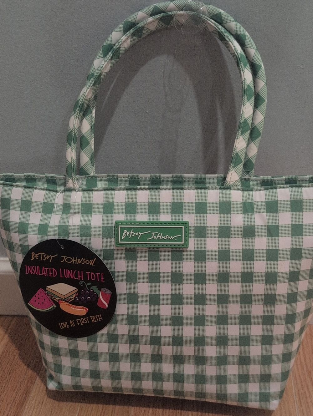 Betsey Johnson Green and White Gingham Insulated Tote
